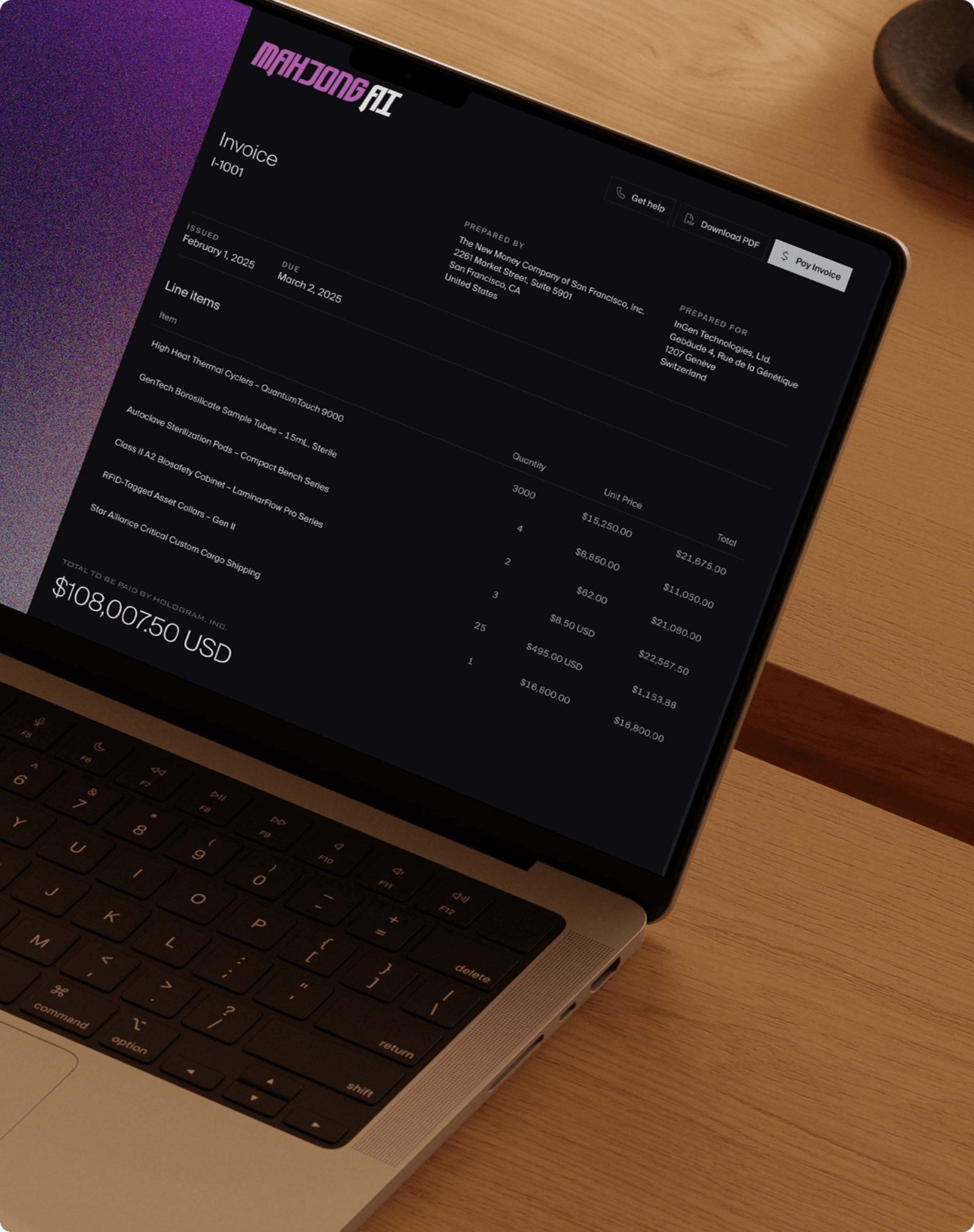 An invoice open on a laptop before payment: I-1001, issued February 1 2025 and due March 2, six lines of lab equipment billed to a buyer in Geneva, totalling $108,007.50 USD beside a Pay Invoice button